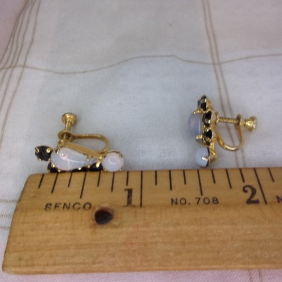 Faux Opal Sapphire Gold Tone Screw Back Earrings - Picture 6 of 6